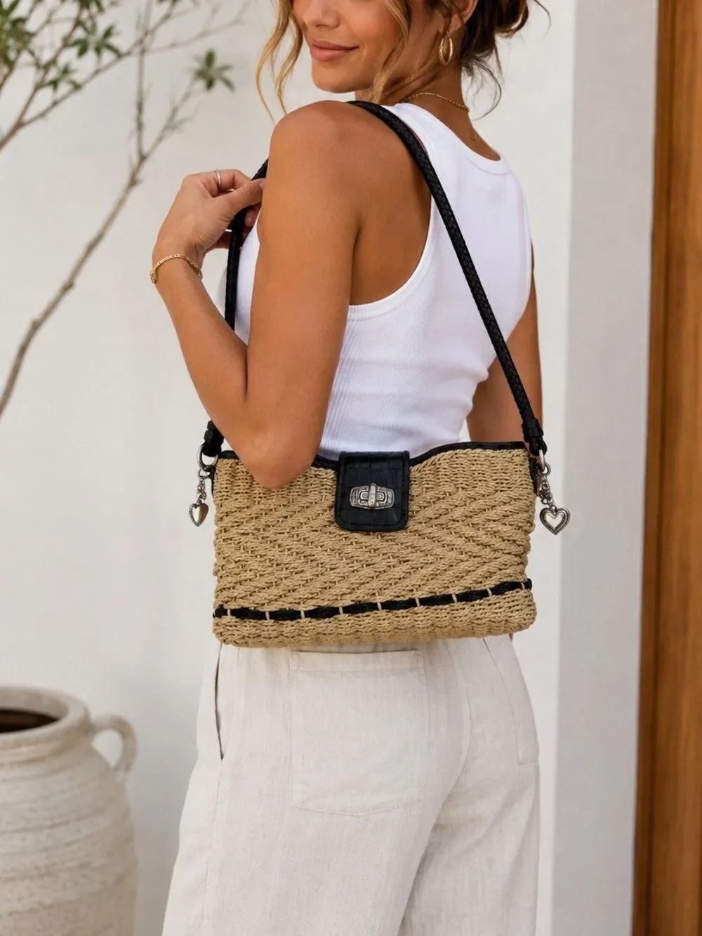 Brighton Straw Shoulder Bag Woven Raffia Black Leather Trim Heart Charm Boho